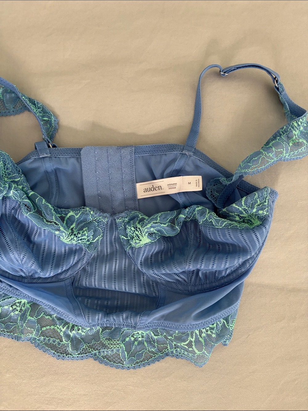 Auden Blue Longline Bra with Green Lace Trim - Picture 2 of 6